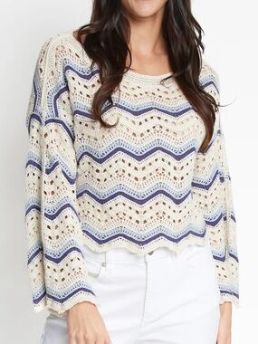 Elsie & Zoey Kala Striped Boat Neck Crochet Sweater Blue And Cream M/L